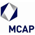 A hexagon outlined in blue and grey colour located on left side above MCAP wordmark in blue colour